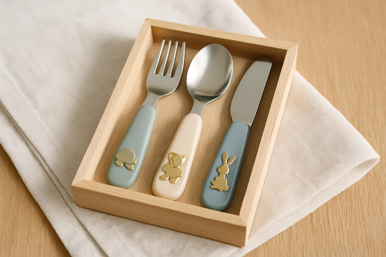 Kinderbesteck aus Edelstahl mit Tiermotiven in einer offenen Holzbox als Geschenk zur Taufe