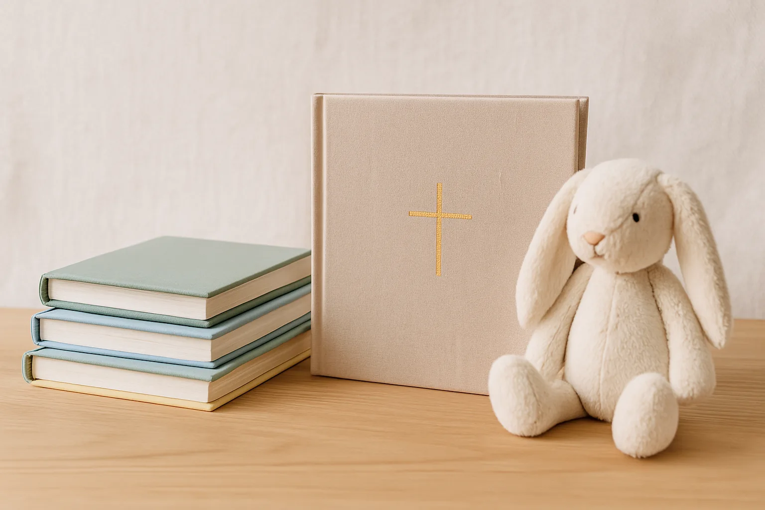 Kinderbücher und Erinnerungsalbum zur Taufe mit Leinenumschlag, daneben ein Stoffhase