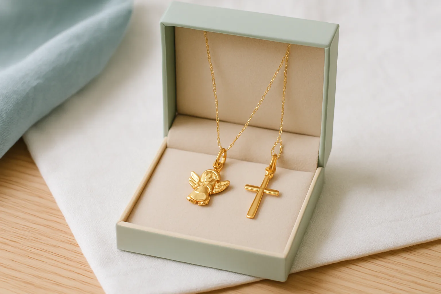 Goldener Taufschmuck: Schutzengel-Anhänger und Taufkreuz an feiner Kette in heller Schmuckschachtel