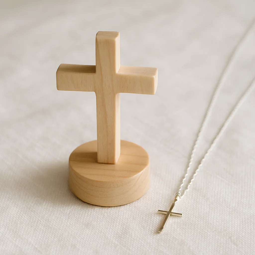 Kleines Stehkreuz aus hellem Holz auf einem Sockel neben einem feinen silbernen Kreuzanhänger an einer Kette auf Leinen
