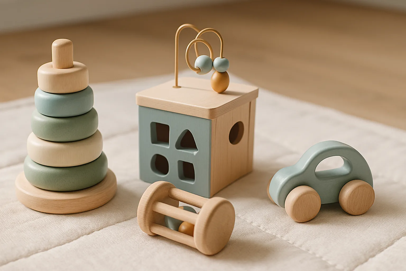 Holzspielzeug als Taufgeschenk: Stapelturm, Motorikwürfel, Rassel und kleines Holzauto