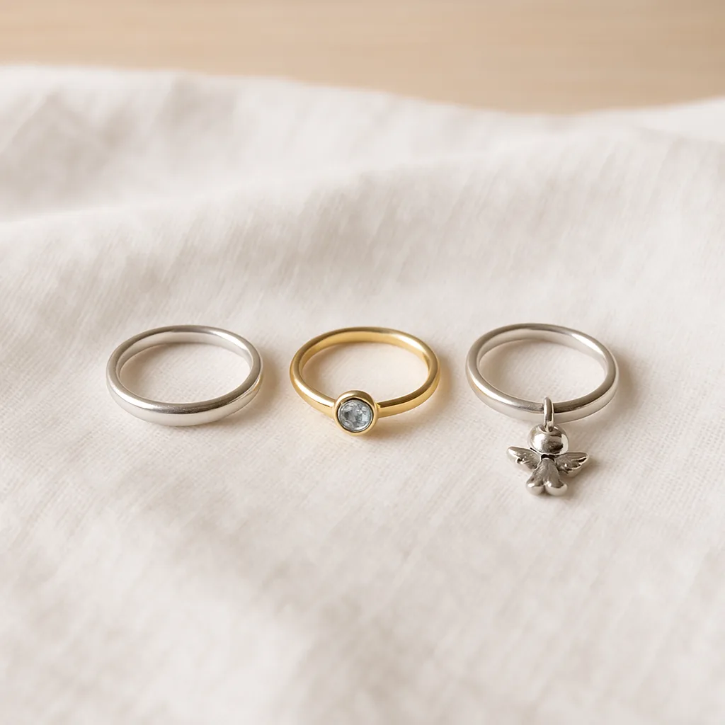 Drei kleine Taufringe nebeneinander auf Leinen: ein schlichter Silberring, ein Goldring mit kleinem hellblauem Stein und ein Silberring mit winzigem Schutzengel-Anhänger