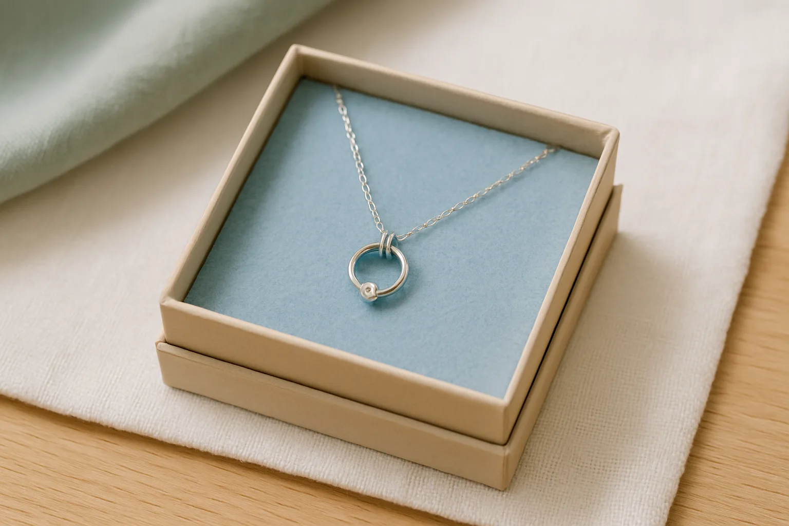 Kleiner silberner Taufring mit Zirkonia an feiner Kette auf hellblauem Samt