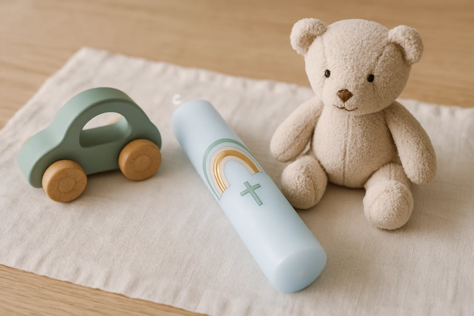 Taufgeschenke für Jungen in Hellblau und Salbei: Holzauto, Taufkerze und Kuscheltier-Bär