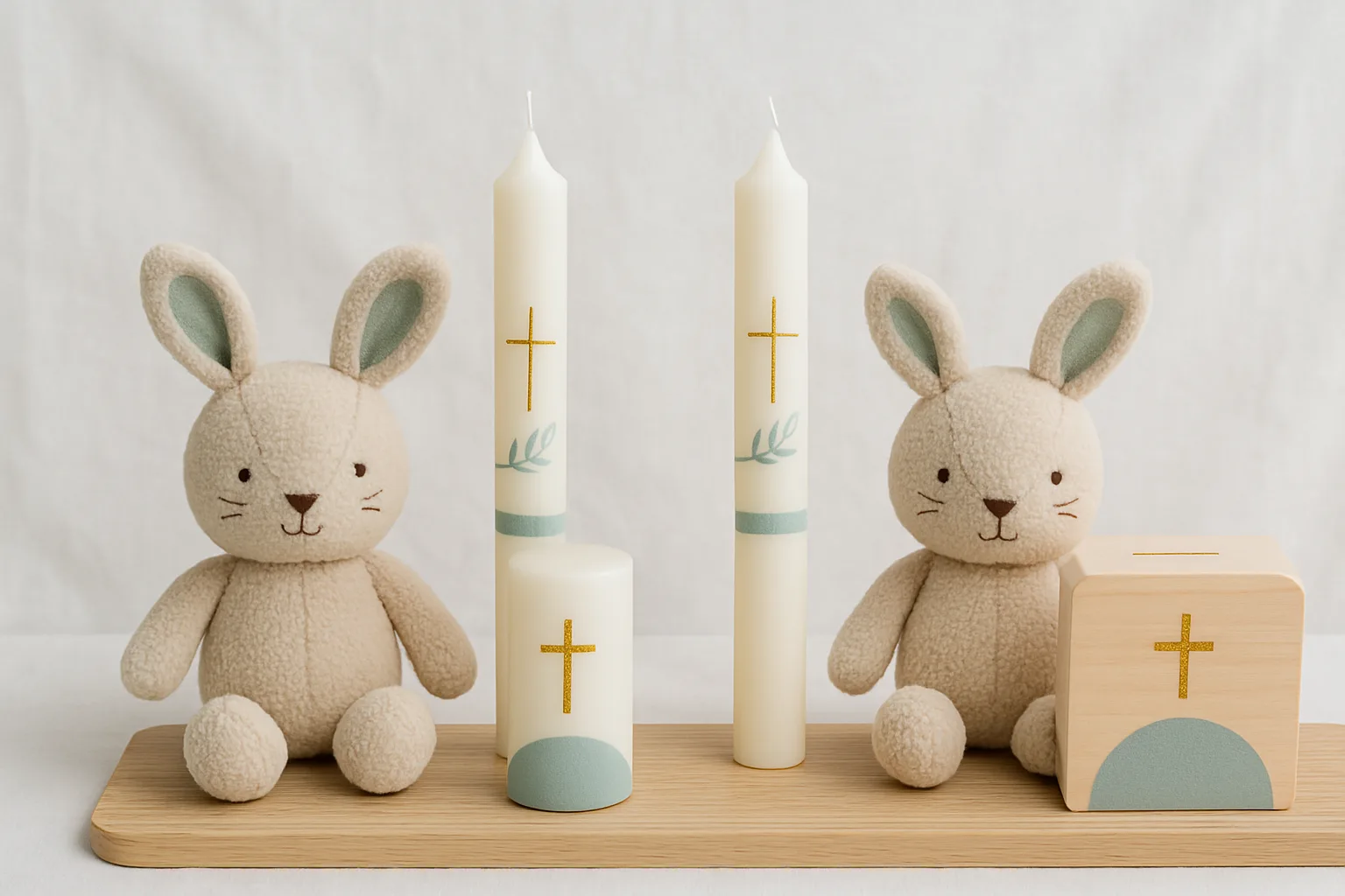 Doppelte Taufgeschenke für Zwillinge: je zwei Stoffhasen, Taufkerzen und Holzspardosen