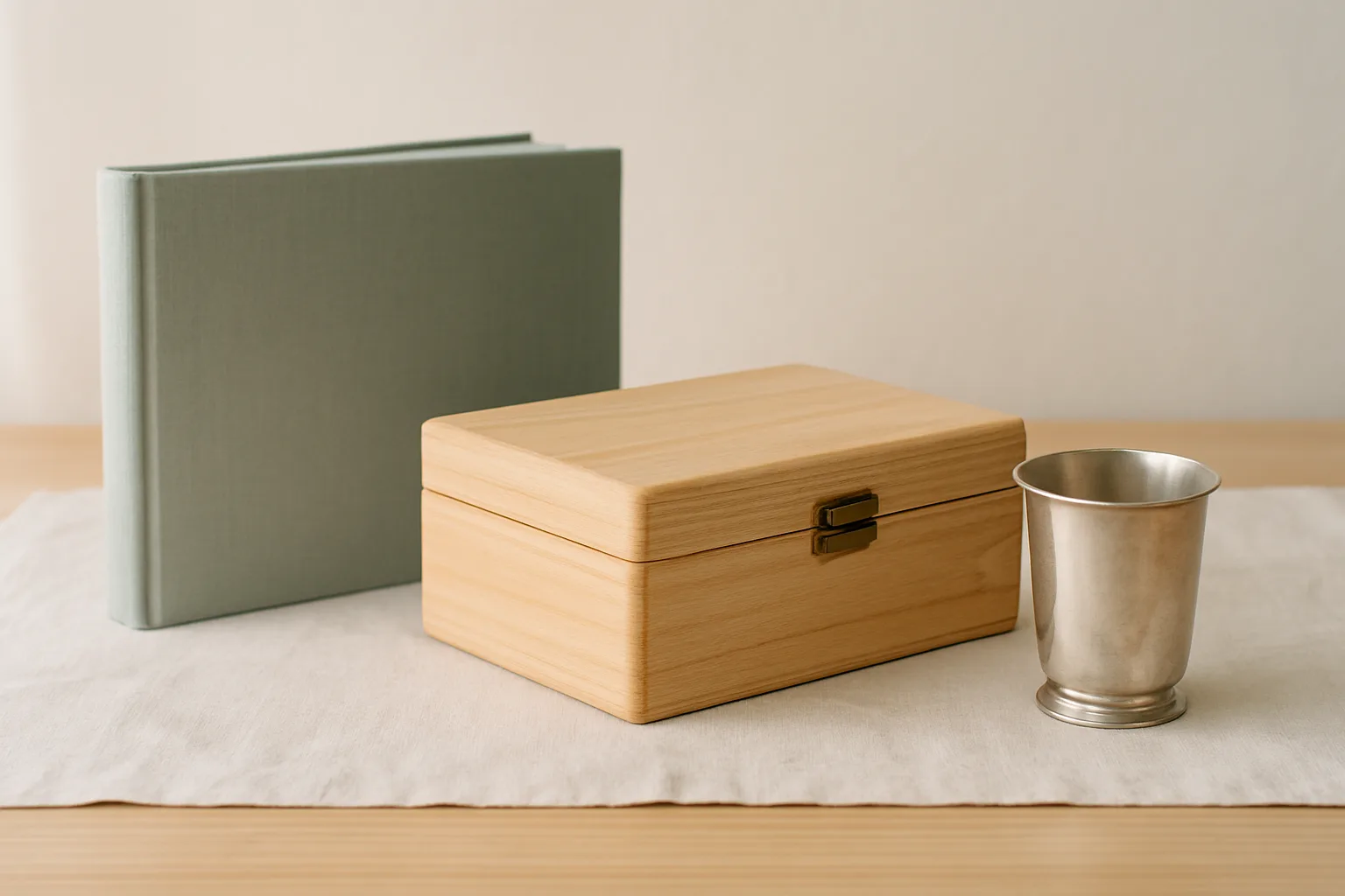 Erinnerungsgeschenke von Großeltern: Fotoalbum, Erinnerungskiste aus Holz und versilberter Becher
