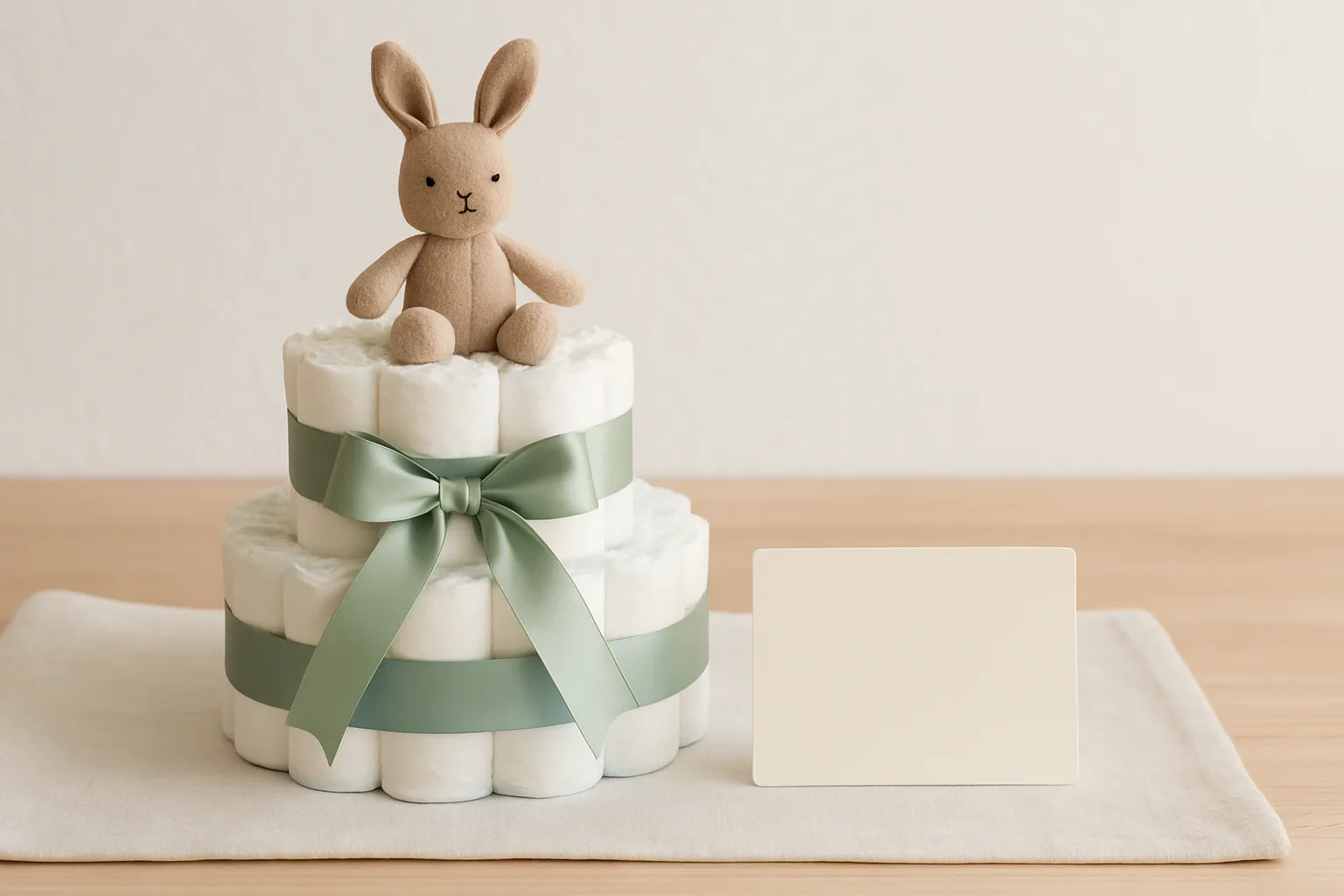 Fertige Windeltorte mit grüner Satinschleife und Stoffhasen obenauf, daneben eine leere Geschenkkarte