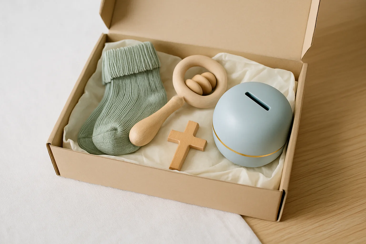 Geöffnete Geschenkbox mit Babysocken, Holzrassel, kleinem Holzkreuz und Spardose als Taufgeschenk