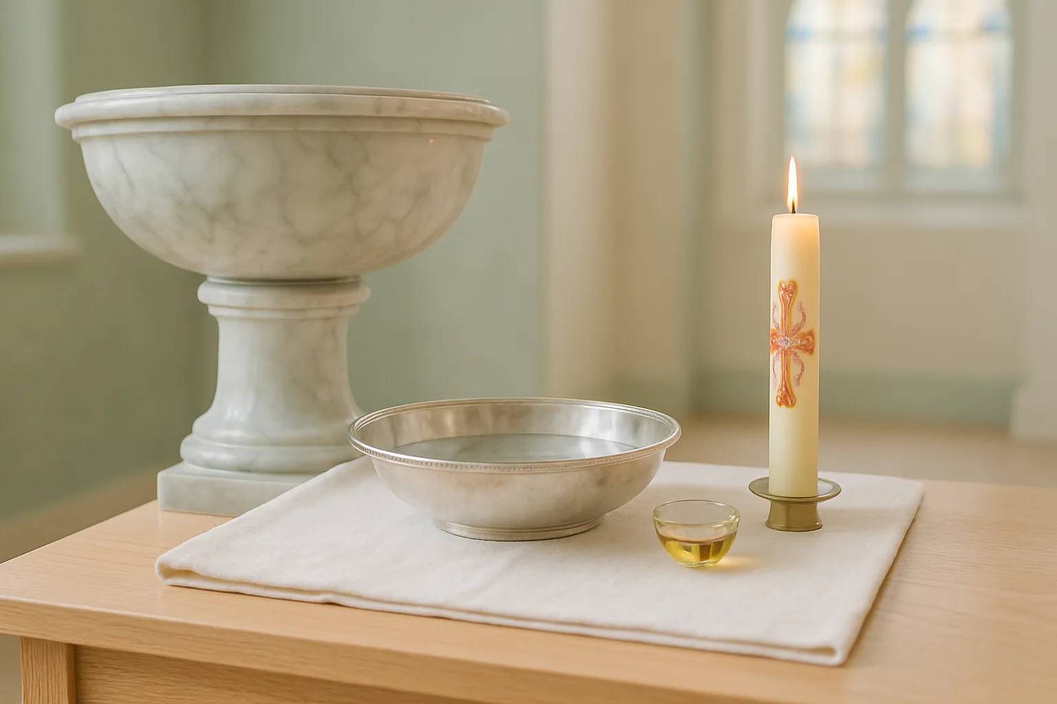 Marmornes Taufbecken, silberne Taufschale, Ölgefäß und Osterkerze in einer hellen katholischen Kirche