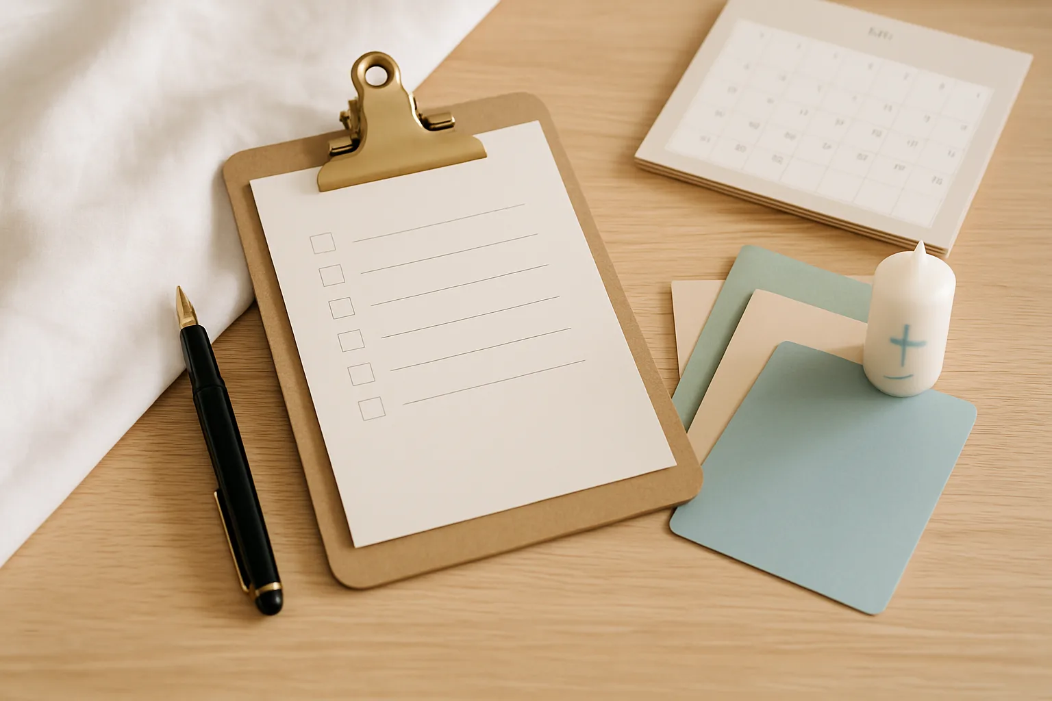 Checkliste auf einem Klemmbrett mit Füller, Kalender, Einladungskarten und kleiner Taufkerze zur Planung der Taufe