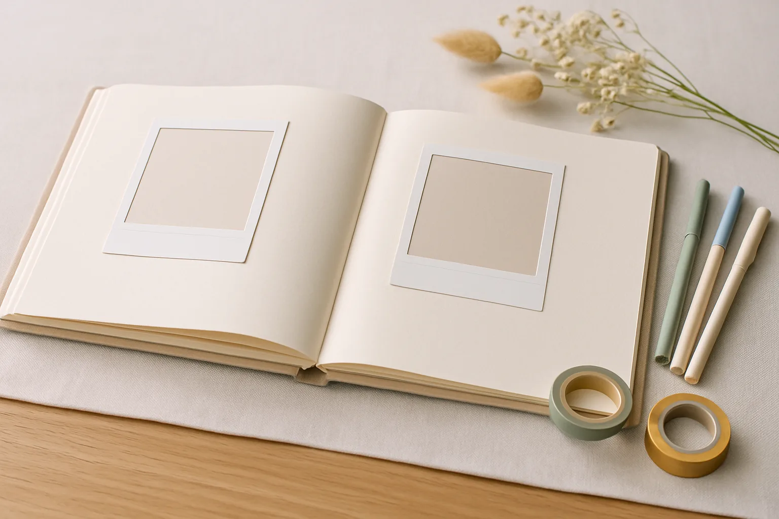 Aufgeschlagenes Gästebuch zur Taufe mit leeren Fotorahmen, Stiften, Washi-Tape und Trockenblumen