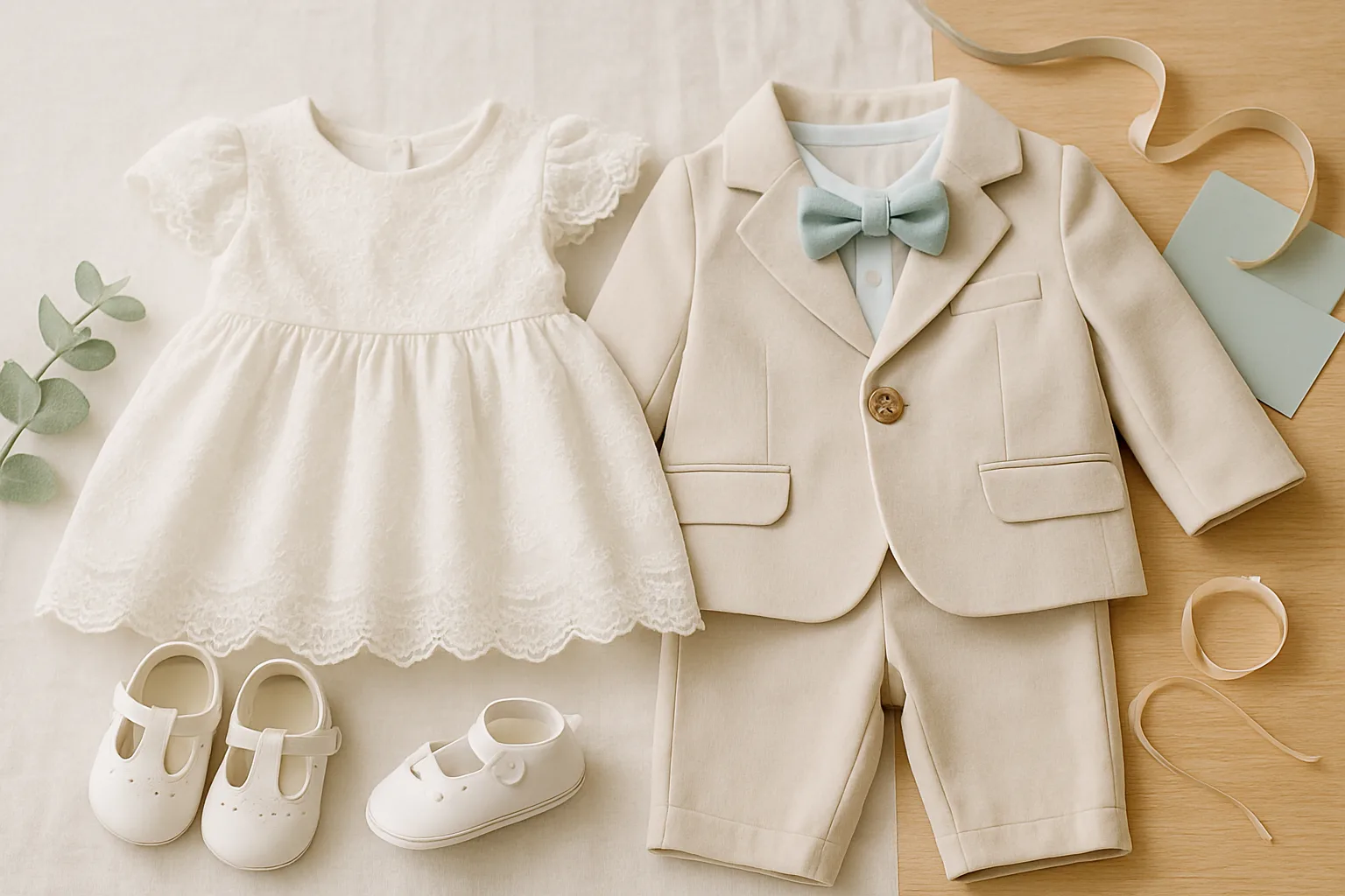 Weißes Taufkleidchen mit Spitze und heller Babyanzug mit Fliege nebeneinander, dazu kleine weiße Schuhe