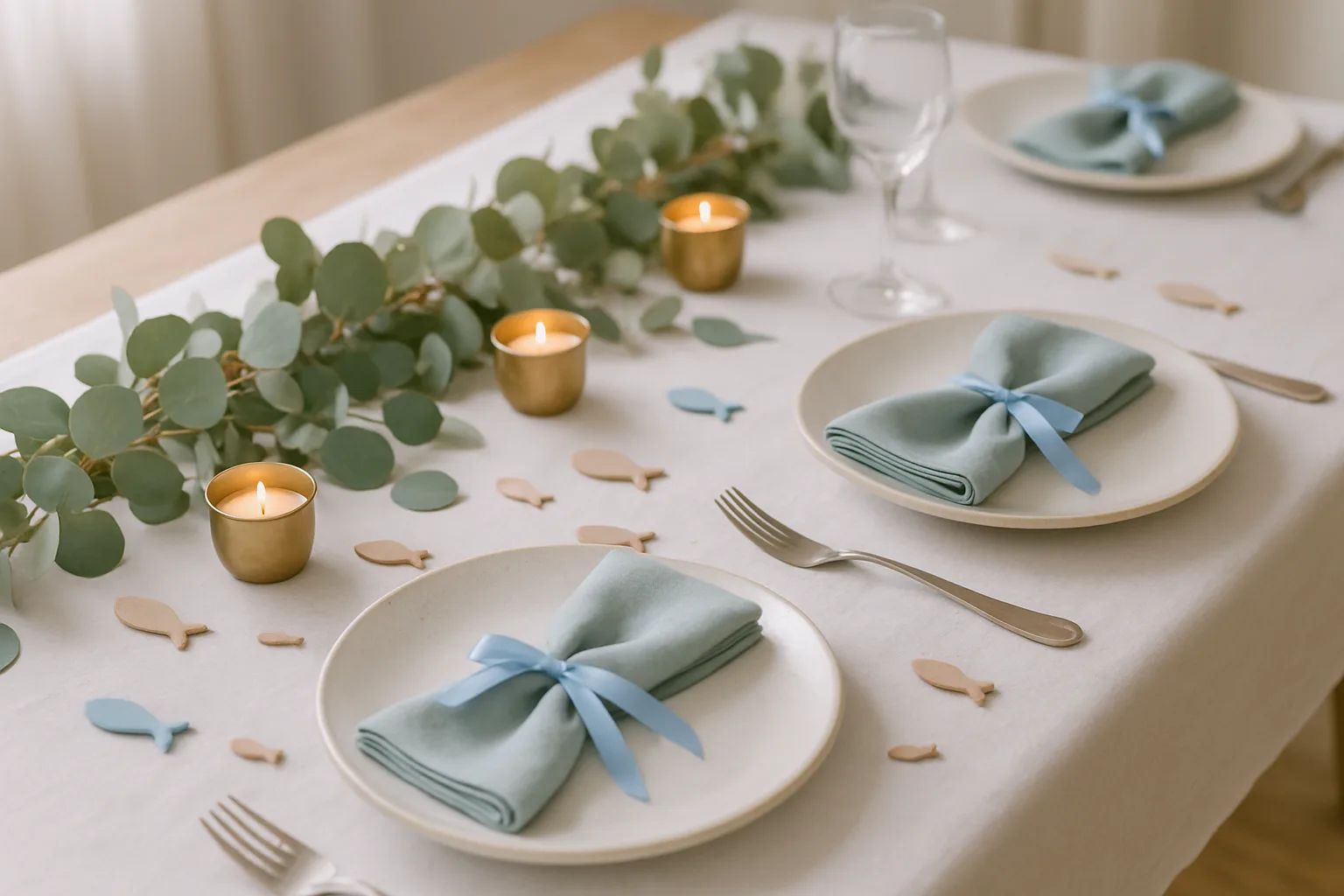 Festlich gedeckte Tauftafel mit Eukalyptus-Girlande, Teelichtern, blauen Servietten und Holzfischen