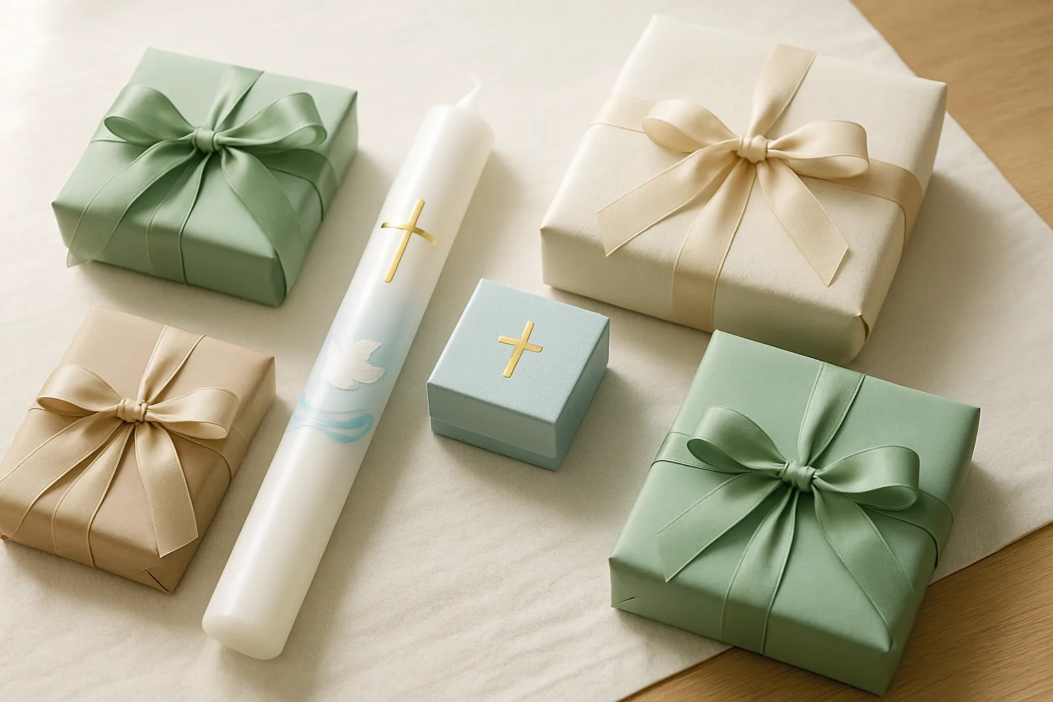 Eingepackte Taufgeschenke mit Seidenbändern in Salbei und Sand, dazwischen Taufkerze und Schmuckschachtel
