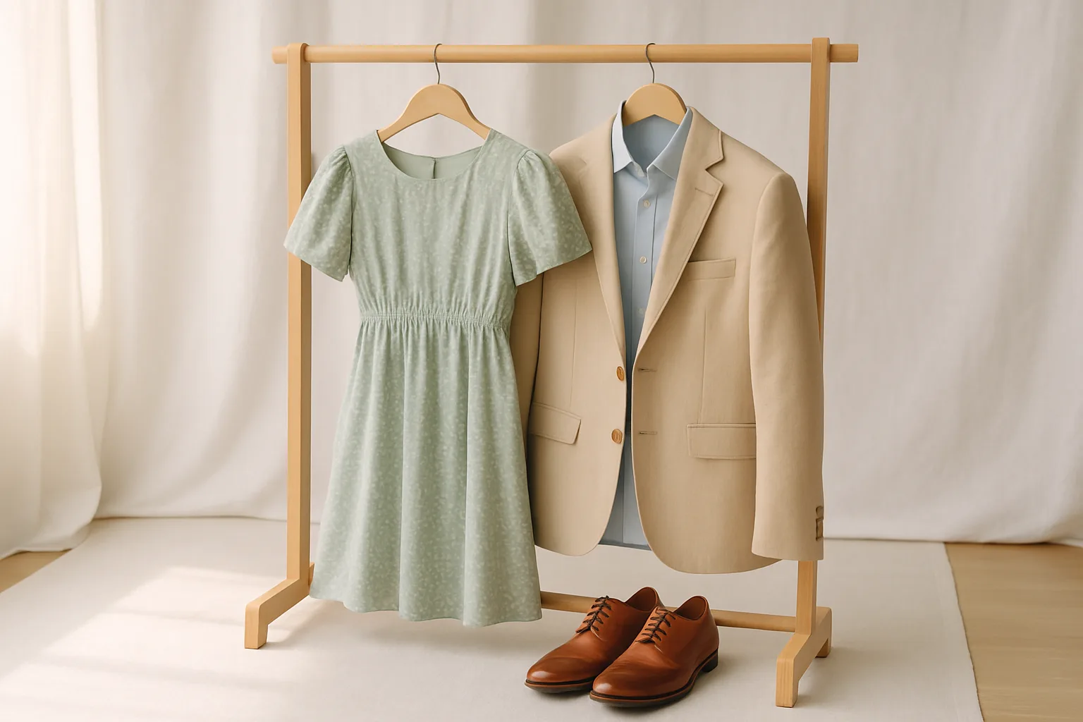 Festliche Gästekleidung zur Taufe am Kleiderständer: helles Sommerkleid, beiges Sakko und Lederschuhe